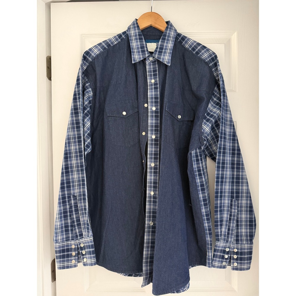 Wrangler Western Reworked Denim Pearl Button Down Shirt Mens Western